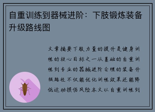 自重训练到器械进阶：下肢锻炼装备升级路线图