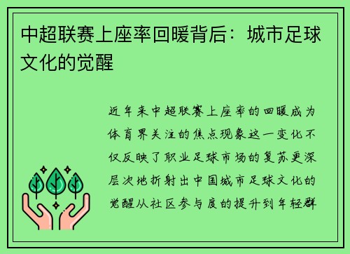 中超联赛上座率回暖背后：城市足球文化的觉醒